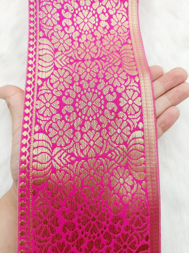 Jacquard Saree Border, Fuchsia Pink And Gold Woven Thread Work Trim, Jacquard Trimming Decorative Trim